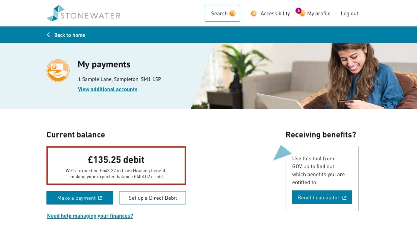 Stonewater portal payments page showing arrears payment